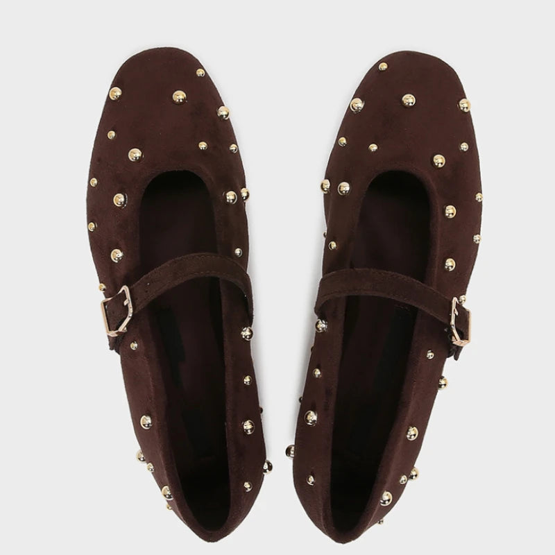 Round Toe Rivets Women Mary Jane Shoes Brown Faux Suede Metal Belt Non-slip Soft Sole Retro Design Ladies Flats