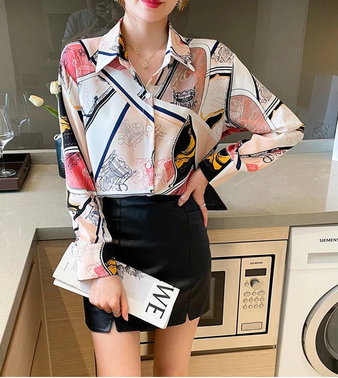 Chiffon Allover Printed Women's Blouses High Quality Long Sleeve Single Breasted Spring Summer Casual Lady Blouses