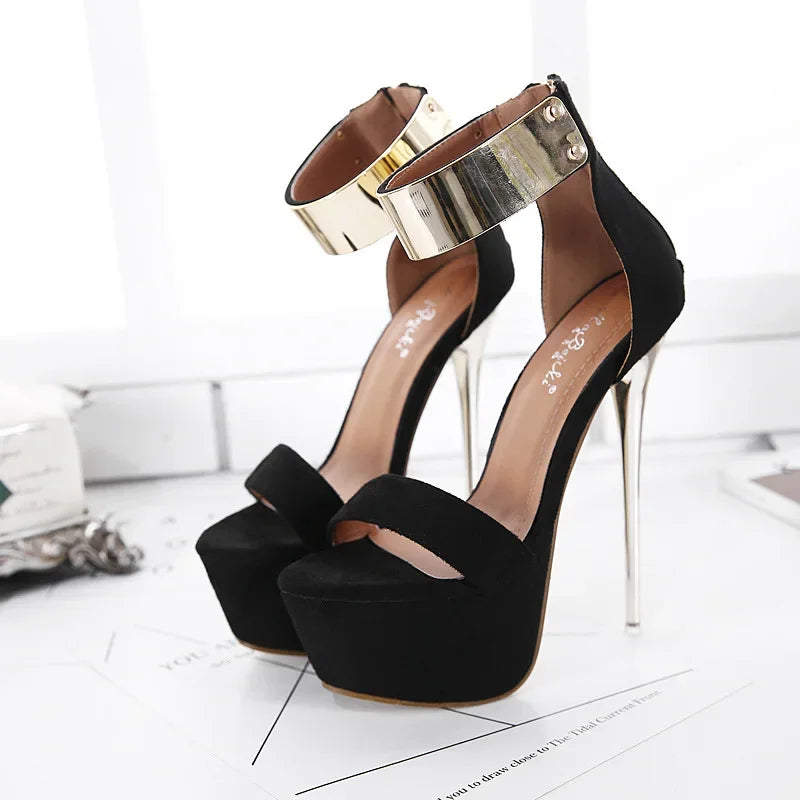 Fashion Design Metal Ankle Cover Strap Women Sexy 16CM Sandals Platform High Heels Party Club Stripper Pole Dance Shoes