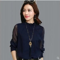Korean Style Women's Chiffon Shirt Stand Collar Base Layer Top Spring Autumn New Fashion Sexy Mesh Lace Trim Long Sleeve Blouse Natalia Home Fashion    Natalia Home Fashion