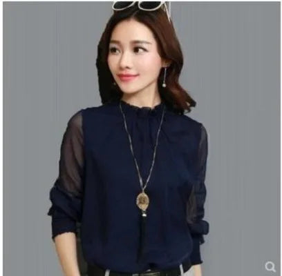 Korean Style Women's Chiffon Shirt Stand Collar Base Layer Top Spring Autumn New Fashion Sexy Mesh Lace Trim Long Sleeve Blouse Natalia Home Fashion    Natalia Home Fashion