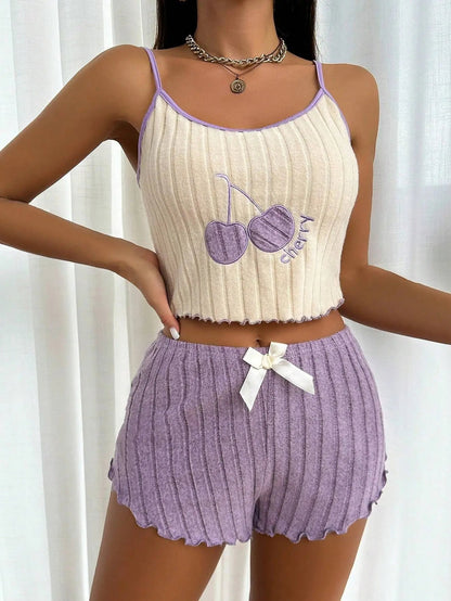2 pcs Pajamas Set for Women Casual Simple Ground Wool Halter Vest Shorts Set Home Wear Sleepwear Lounger wear Natalia Home Fashion    Natalia Home Fashion