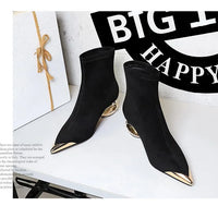 Street Style Fur Metal Hollow Heel Modern Faux Suede Short Boots for Women Metal Pointed Toe Low Heel Boots Female