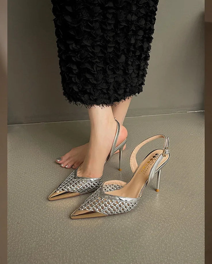 Elegant Hollow Out Woven Stiletto Sandals Women Pointed Toe Metal Straps High Heels