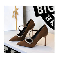 Banquet Pointed Toe High Heels Diamond Chain One-Strip Thin Heel Super High Heels Light Mouth Elegant Lace-Up