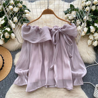 Blouses Design Sense Niche Chic Off Shoulder Shirt Women's French Gentle Style Loose Versatile Western-style Flowing Mesh Top