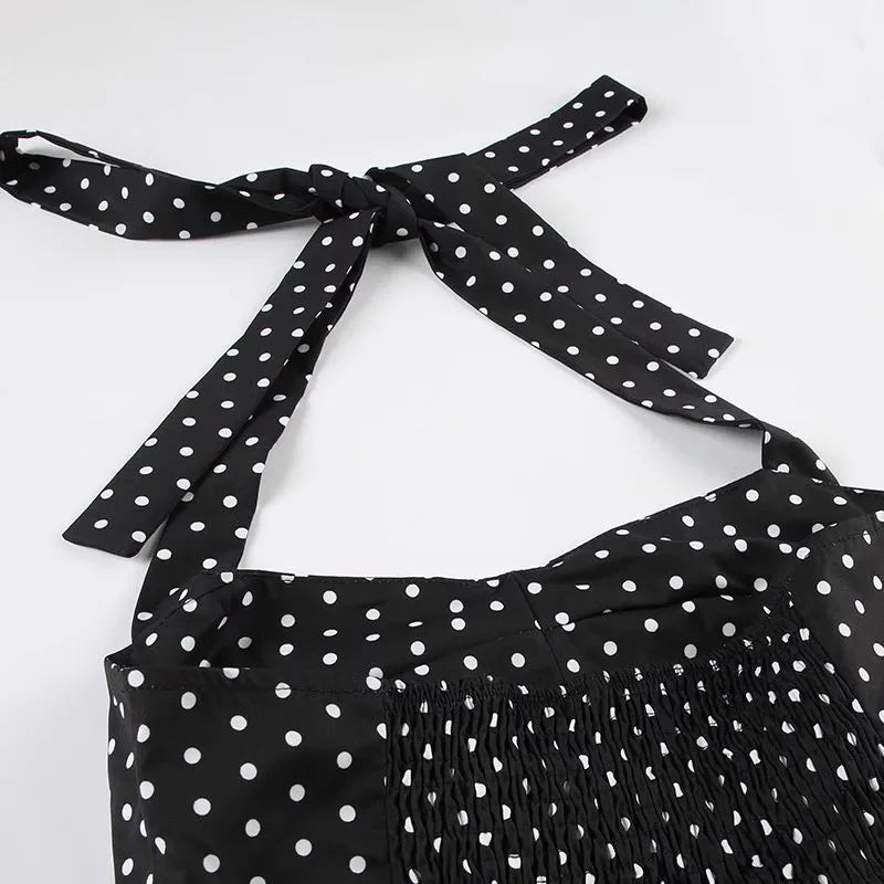 Polka Dot Print Tops Women Halter Low-Neck Bandage Ruffles Backless Sleeveless Skinny Fashion Street Versatile Vest