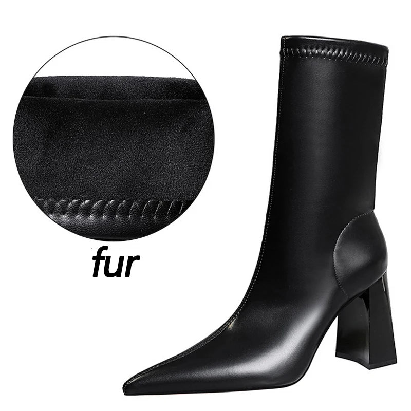Mid-Calf Boots Chunky Block Heels Women Boots Pointed High-Heeled Boots Lady Pu Leather Boots Autumn Winter Shoes