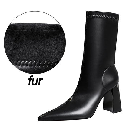 Mid-Calf Boots Chunky Block Heels Women Boots Pointed High-Heeled Boots Lady Pu Leather Boots Autumn Winter Shoes