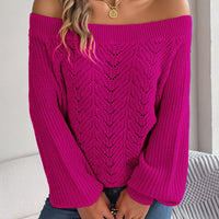 Casual Fashion Solid Color Hollow Out Sweater Off Shoulder Lantern Sleeve Knitted Pullover Women Clothes