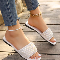 Small Fragrant style flat bottomed plus size slippers for women square headed rhinestone pearl fashionable casual slippers