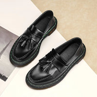British Style Loafers Casual Round Toe Tassel Women's Leather Low Top Shoes Fashionable Slip-On Shoes