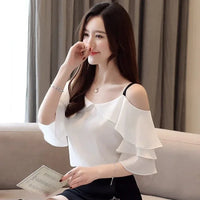 Women's Fashion Suspender V-neck Chiffon Short-sleeved Shirt Elegant Ruffle Edge Decorative Casual Shoulder Blouse