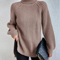 Turtlenecks Women Pullovers Mid-Long Casual Knit Sweater Fad Raglan Sleeves Side Slit Sweater New Skirt-style Jumper