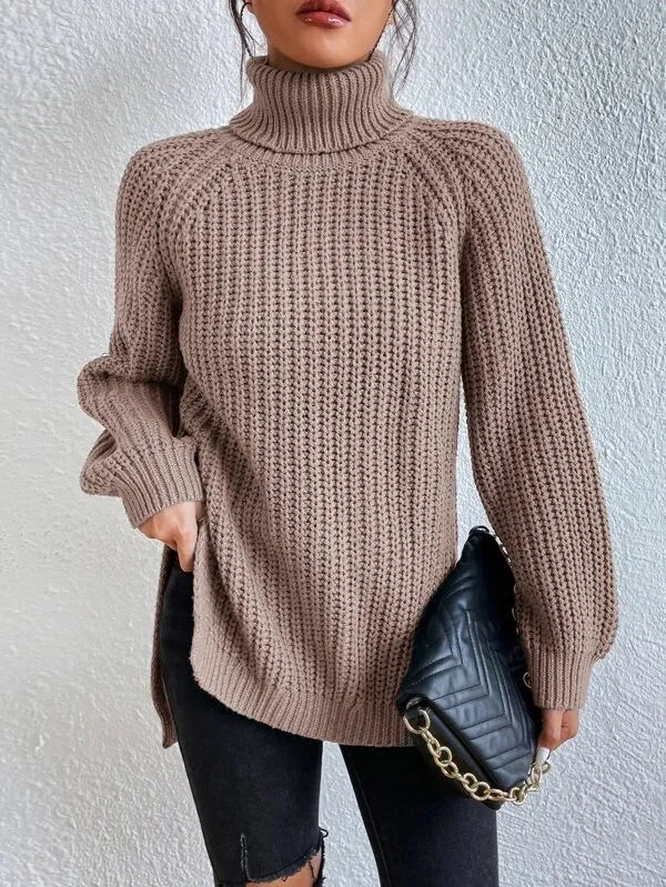 Turtlenecks Women Pullovers Mid-Long Casual Knit Sweater Fad Raglan Sleeves Side Slit Sweater New Skirt-style Jumper
