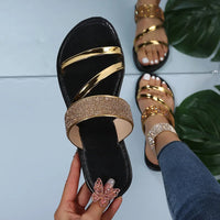 Women's Fashion Patent Leather Flat Heel Sandals Bling Rhinestone Narrow Band Beach Casual Slippers