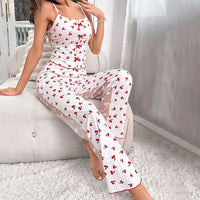 Women's 2-piece printed sleepwear semi transparent mesh casual printed vest elastic waist pants summer transparent mesh Pajama Suit