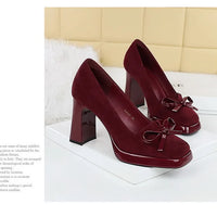 Chunky Block Heels Women Pumps Bow Decoration High Heels Square Headed Platform High Heels Suede Ladies Shoes