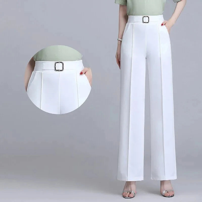 Classic Chiffon High Waist Wide Leg Pants Office Lady Loose Thin Black Trousers  New Formal Chic Pantalones De Mujer Cintura Alt Natalia Home Fashion   white-XL-52kg-57kg Natalia Home Fashion