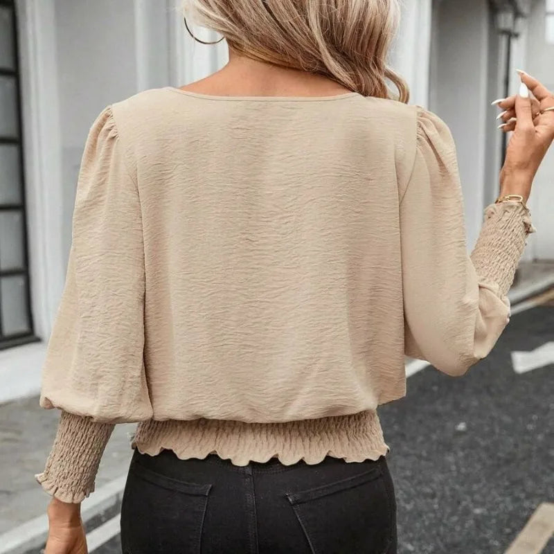 Women's Loose T-shirt Spring and Autumn New Solid Color Long-sleeved Lotus Leaf Sleeve Crew Neck Top Natalia Home Fashion    Natalia Home Fashion