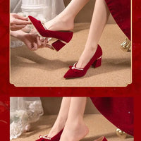 Women's Chunky Heel Pointed Toe Slip-On Shoes Wedding Dress Two-Way Wear Pearl Red Bridal Shoes Spring Autumn New Style