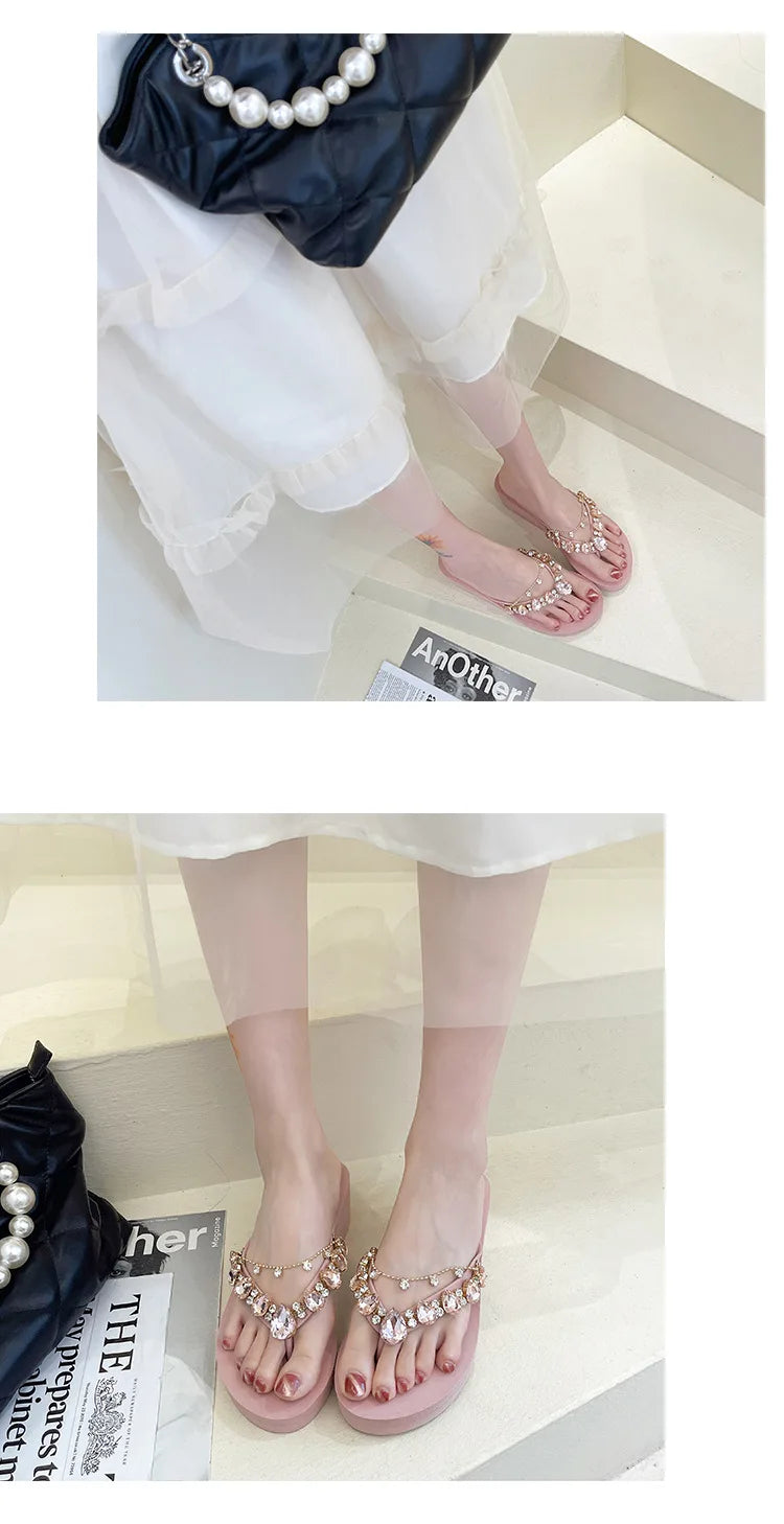Women Slippers Fashion Summer New Water Diamond Flip Flops Women Outwear Thick Sole Slope Heels Beach Vacation Slippers