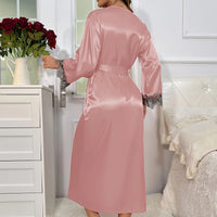 Contrast Lace  Long Sleeve Belted Robe V Neck Slip Dress Sexy Elegant Women Pajamas  Sets