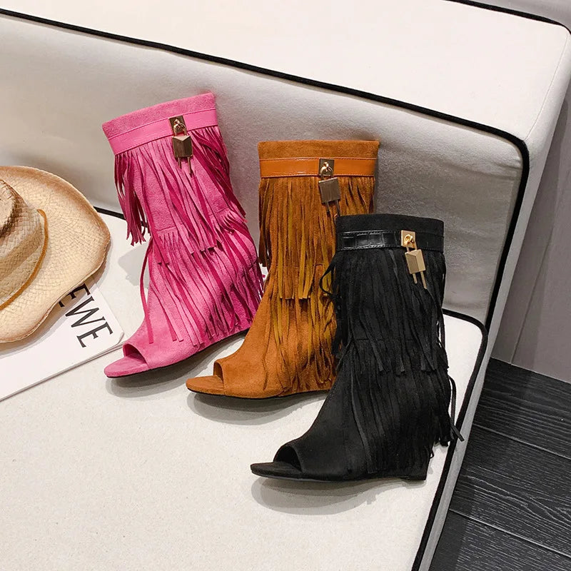 Designer Fringe Wedges Boot Sandals Woman High Heels Open Toe Party Prom Shoes Sexy Zipper Female Pumps Women Boots