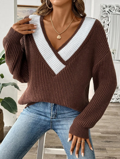Loose Knitted Sweater V-Neck Color Block Design Women's Overhead Shirt Full Sleeve Polyester Fiber Cross-Border Fashion