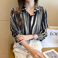 High-End Elegant Fashionable Casual Striped Long Sleeve Versatile French Style Lapel Chiffon Shirt Women's Clothing
