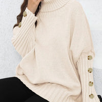 Loose Knitted High Collar Turn-down Collar Sweater for Women Full Sleeve Polyester Fiber Cross-Border Fashion Decorative Button