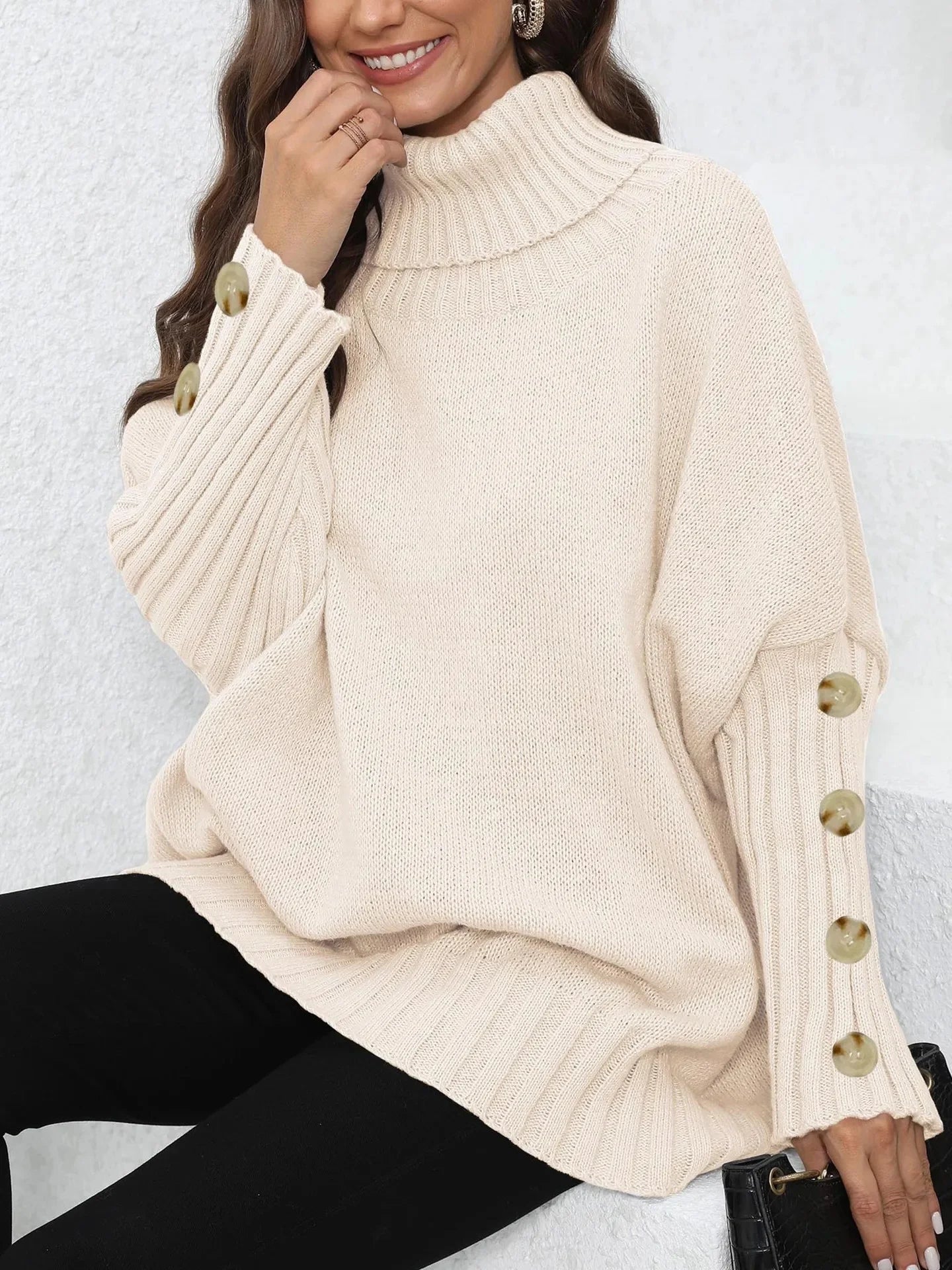 Loose Knitted High Collar Turn-down Collar Sweater for Women Full Sleeve Polyester Fiber Cross-Border Fashion Decorative Button