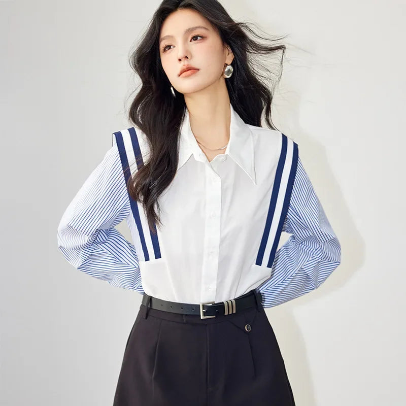 Style French Color Blocking Striped Shirt Long Sleeve Slimming Elegant Fashionable Shirt Women's Blouse