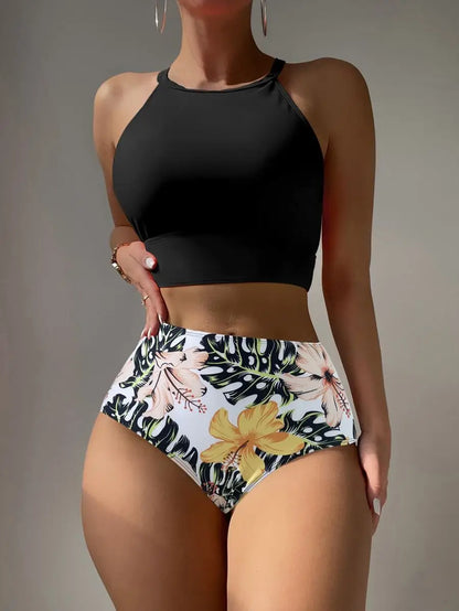 High Waist Bikinis Women High Neck Swimsuit Floral Swimwear Female Bathers Bathing Swimming Suit Summer Beachwear