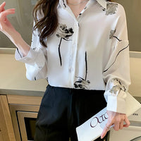 Women's Blouse Long Sleeve Rose Printed Fashionable Chiffon Shirt Long Sleeve Top