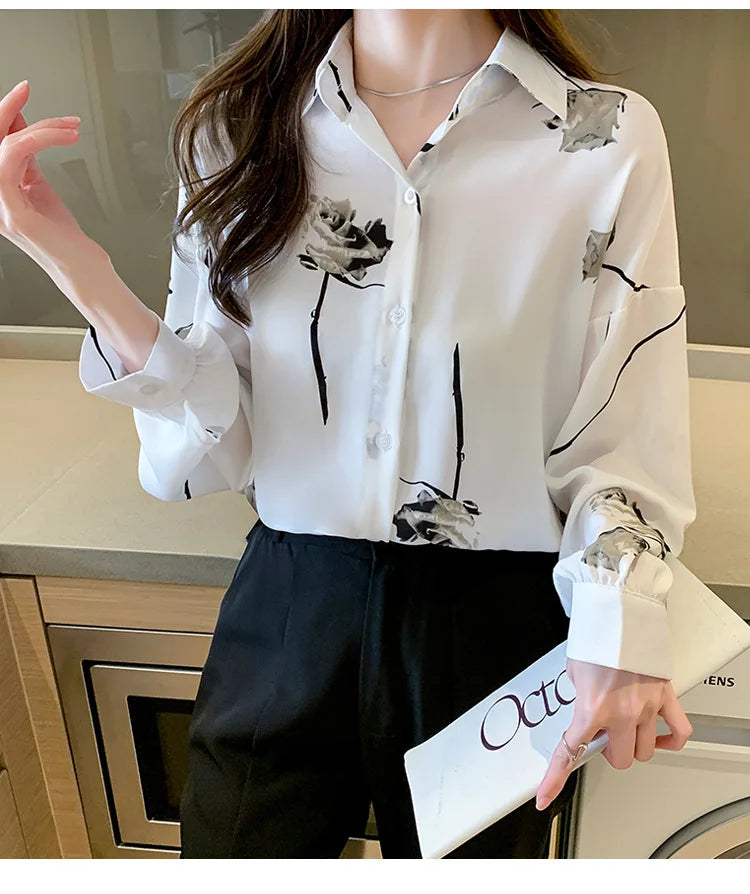 Women's Blouse Long Sleeve Rose Printed Fashionable Chiffon Shirt Long Sleeve Top