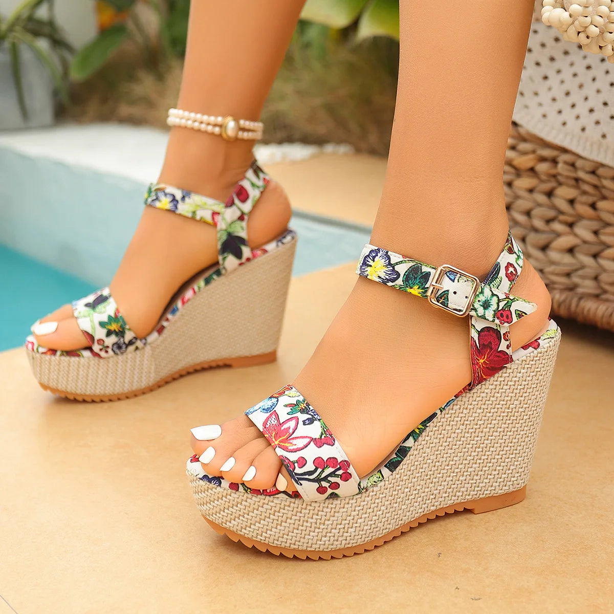Bohemian Thick Heel Platform Sandals Women's Flip Flops Flower Ribbon Beach Shoes Comfortable round Toe Roman Style
