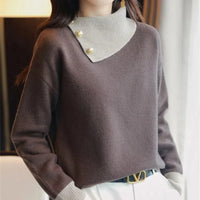 Sweaters Women Contrast Color Button Patchwork Chic Long Sleeve Loose Pullovers Knitted Tops