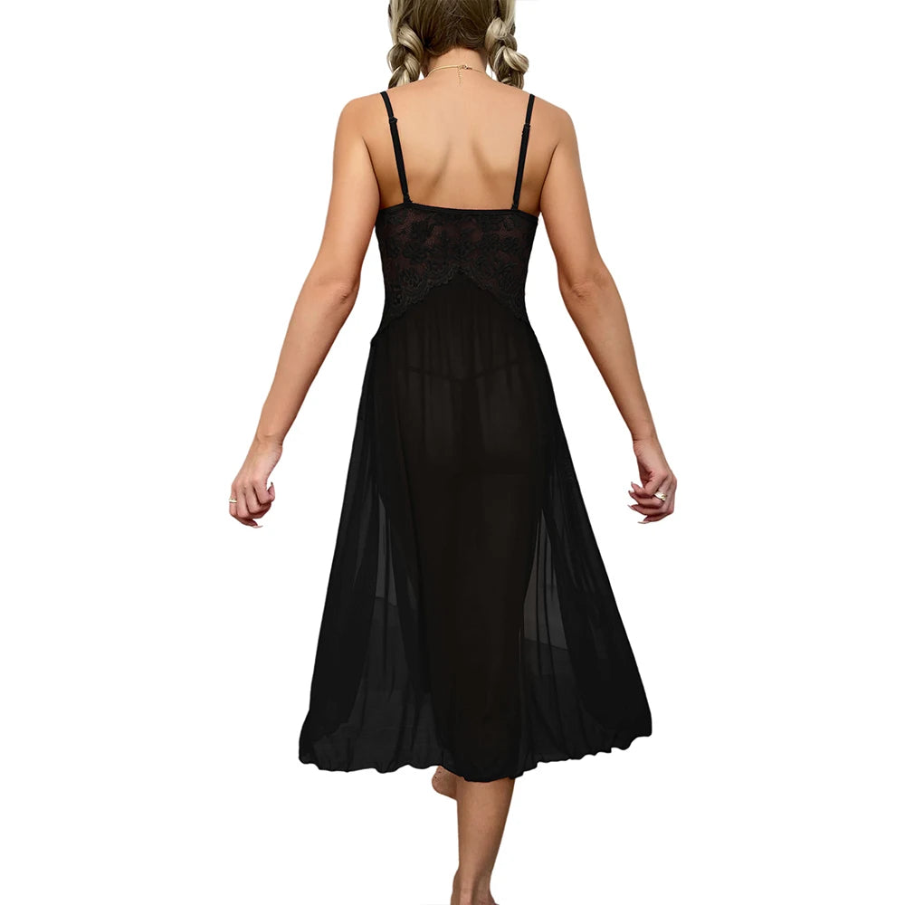 Sexy Lace Solid Women Sleepwear Underwear Mesh Lingerie Deep V Side Slit Sleeveless Female Fashion Robe Dress Nightwear
