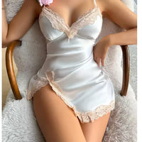 Lace Trim Leopard Nightdress V Neck Backless Side Split Slip Sleep Dress Women's Sleepwear Dresses
