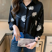 Women's Blouse Long Sleeve Rose Printed Fashionable Chiffon Shirt Long Sleeve Top