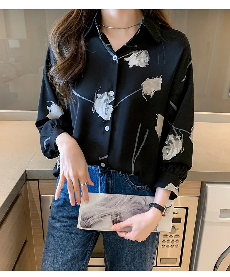 Women's Blouse Long Sleeve Rose Printed Fashionable Chiffon Shirt Long Sleeve Top