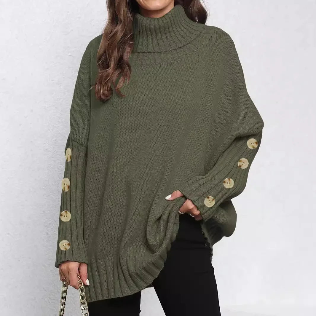 Loose Knitted High Collar Turn-down Collar Sweater for Women Full Sleeve Polyester Fiber Cross-Border Fashion Decorative Button