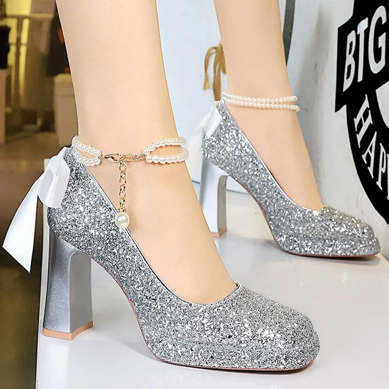 Pearl Chain Design Women Pumps Sequin Platform high heels Square head Thick heeled shoes with Women heels