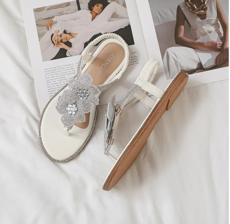 Womens Bohemian Floral Rhinestone Sandals Elegant Crystal Flower Décor Elastic Ankle Strap Soft Cushioned Insole Non Slip Sole