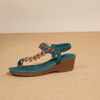 Bohemian Style Women's Sandals Summer Fashion Beach Slope Heel Slippers Beaded Diamond Slip-On round Toe PU Lined Mid Heel