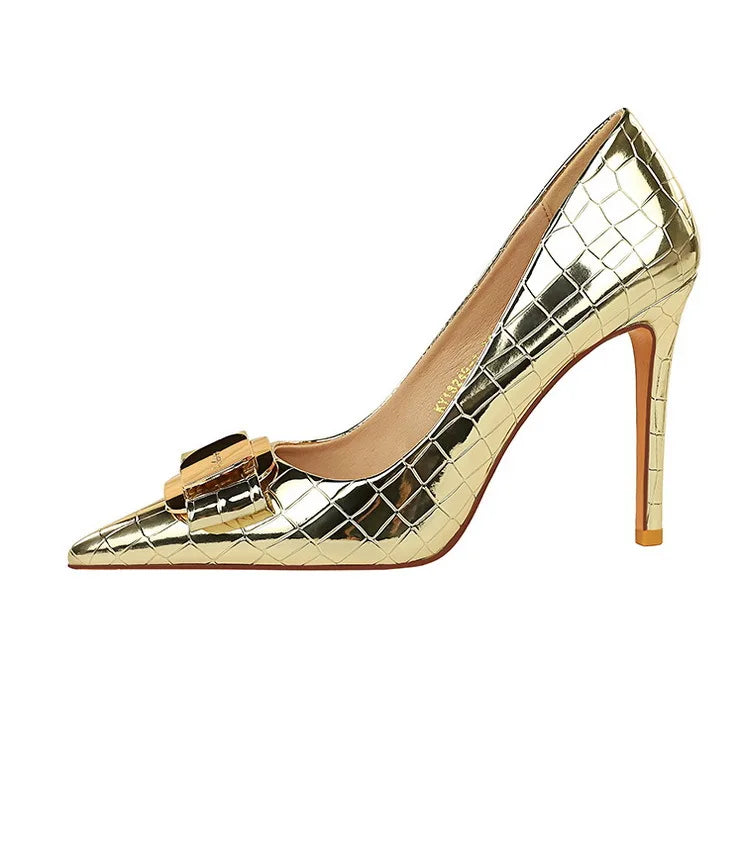 Stone Patterned Flowers Women Pumps Fashion High Heels Bow of Metal Women Shoes Stilettos Sexy Party Shoes