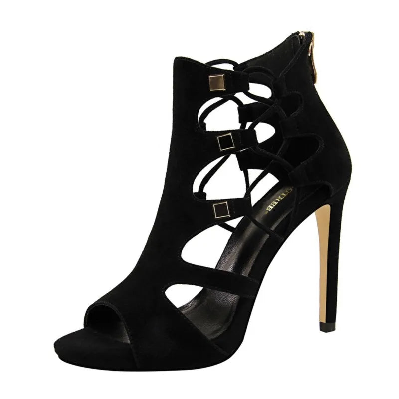 Roman style women's super high heel platform suede sexy nightclub slim rivet hollow sandals