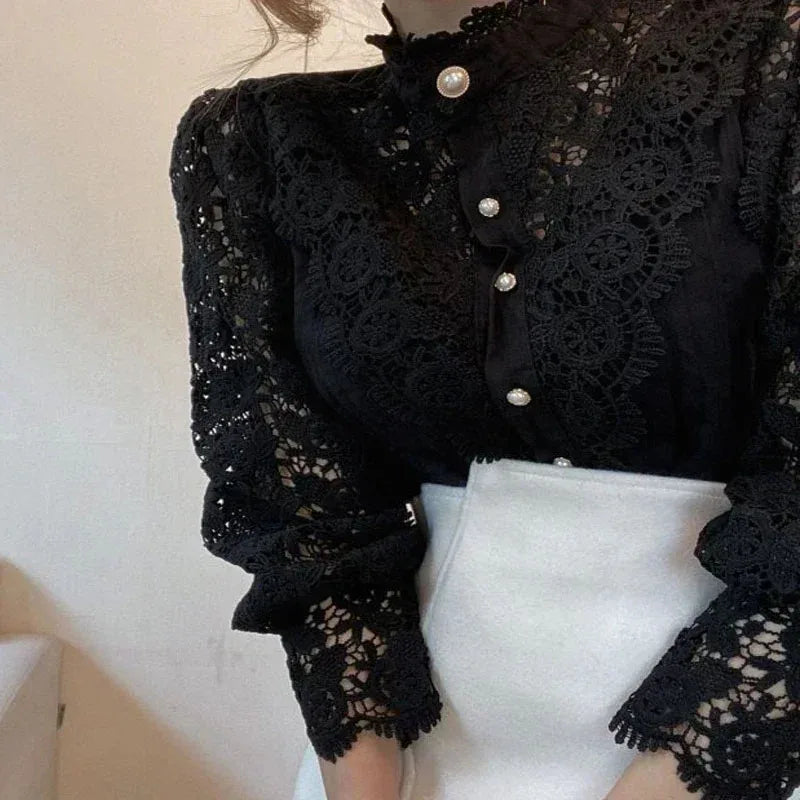 Shirt Women Blouse Office Lady Flower Blouse Spring Hollow Out Lace  Stand Collar Button Female Clothing