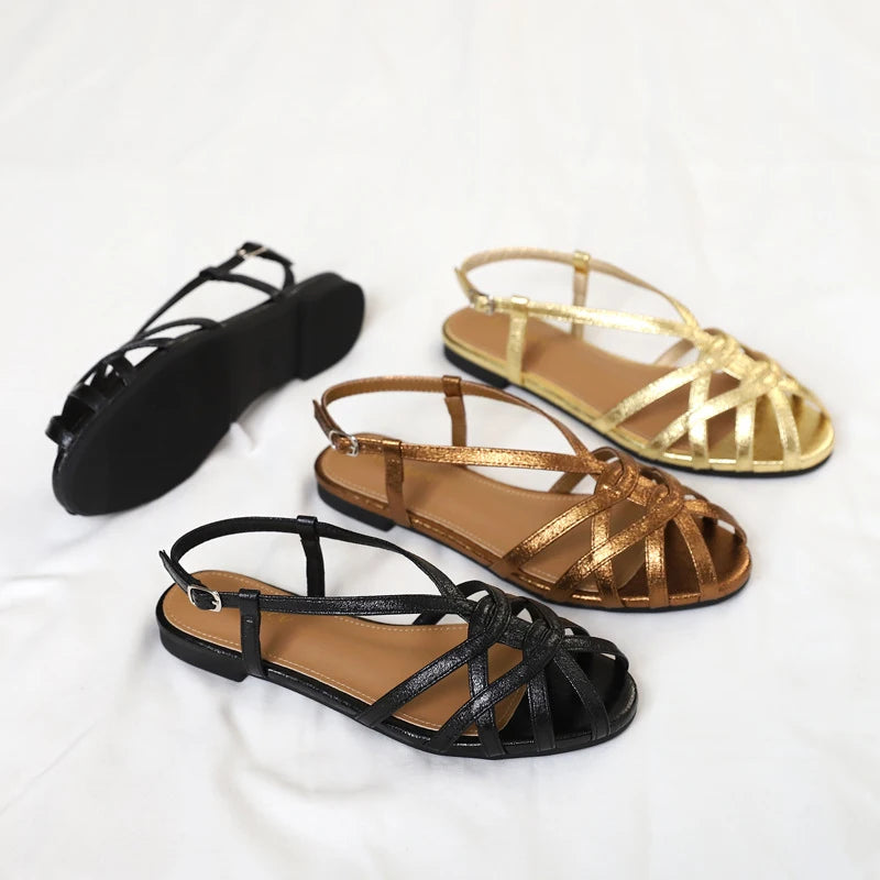 Retro woven Roman sandals, summer open-toe low-heeled women's shoes, one-strap buckle, versatile and fashionable commuter shoes